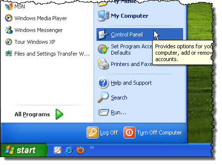 विंडोज एक्सपी में कंट्रोल पैनल खोलना
