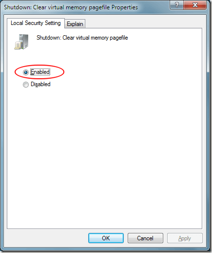 Windows 7 Shutdown Clear Virtual Memory Pagefile Properties