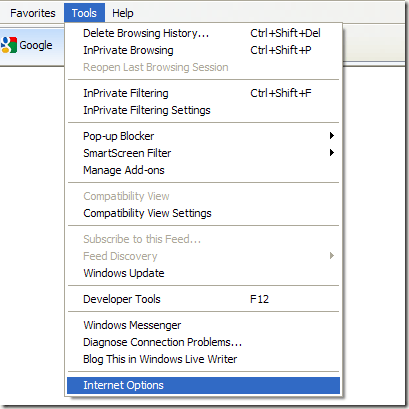 Tools Internet Options in IE8